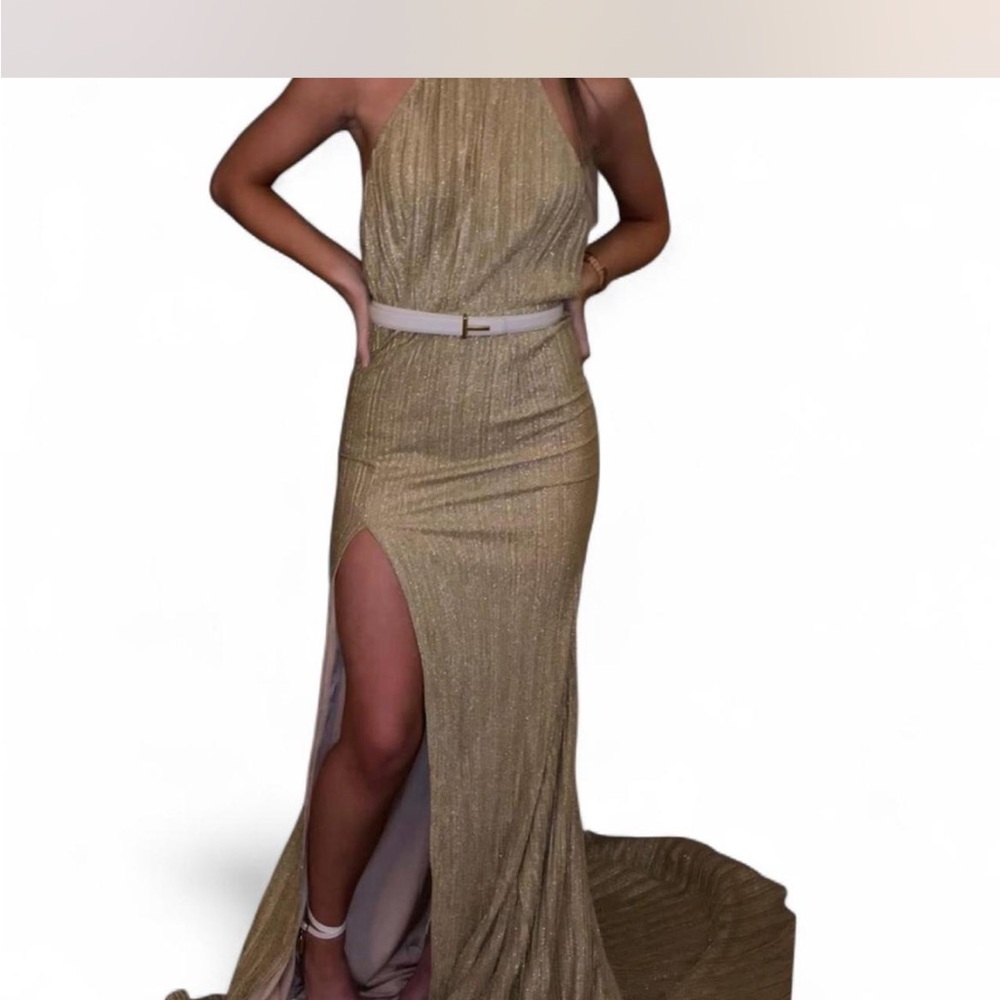 Gold Halter Evening Gown with Side Slit - Women's Dress